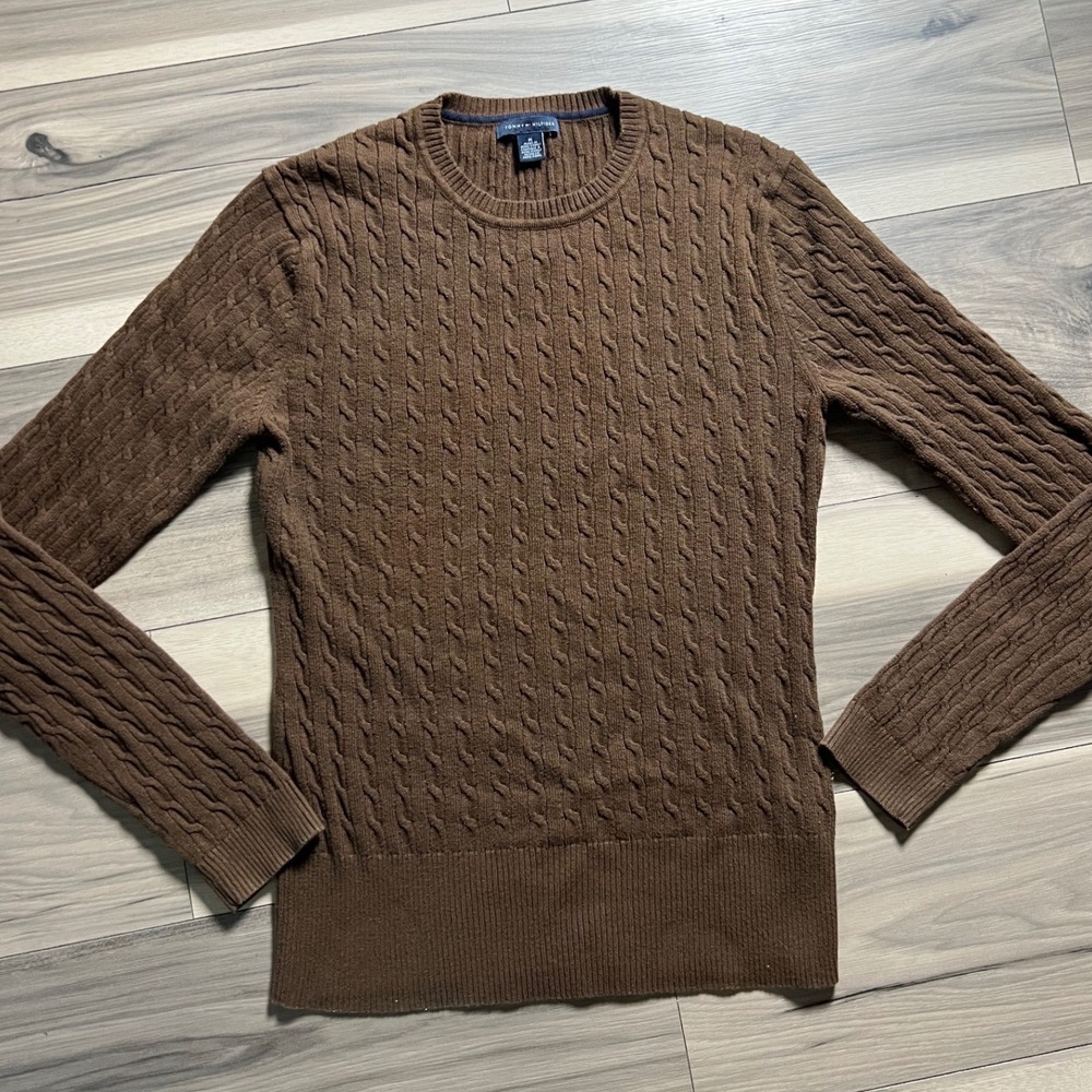 Tommy Hilfiger Brown Cable Knit Crewneck Sweater Womens Medium Long Sleeve